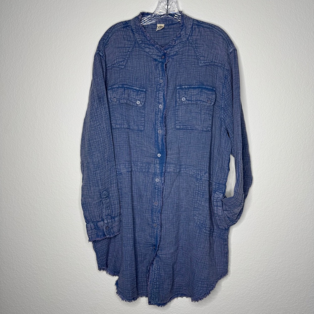 Ivy Jane Blue Cotton Double Gauze Frayed Tunic Shirt Dress Women's Sz M/L 121156